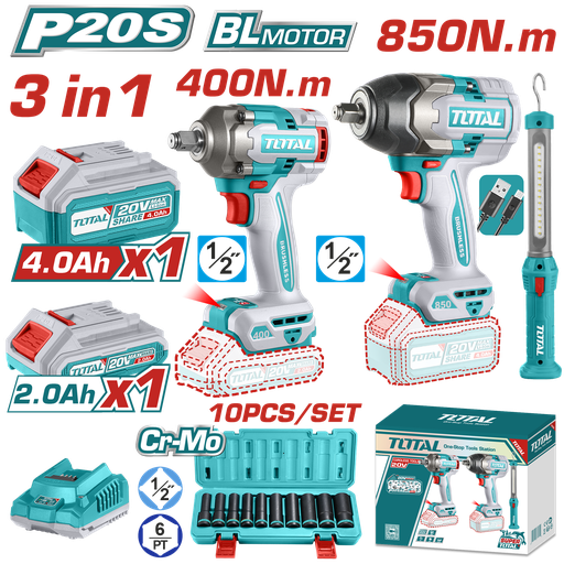 [21957] COMBO INALAMBRICO 20V PISTOLA IMPACTO INALAMBRICO 1/2 850 NM + PISTOLA IMPACTO INALAMBRICA 1/2 400 NM + LAMPARA DE TRABAJO 300 LUMENES RECARGABLE + 10 COPAS 1/2 (10-24MM) + 1 BATERIA 4.0 AH + 1 BATERIA 2.0 AH Y CARGADOR INDUSTRIAL SUPER TOTAL (UTOSLI241195)