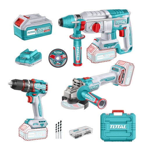 [21967] COMBO INALAMBRICO 20V  X 3 PZS TALADRO ATORNILLADOR INALAMBRICO PERCUTOR 1/2 66 NM +  PULIDORA INALAMBRICA 4 1/2 + TALADRO ROTOMARTILLO SDS PLUS  2.5 JULES  INLCUYE 2 BATERIAS 4.0AH , 1 CARGADOR , 10 DISCOS DE CORTE Y 47 ACCESORIOS INDUSTRIAL SUPER TOTAL (UTOSLI241198)