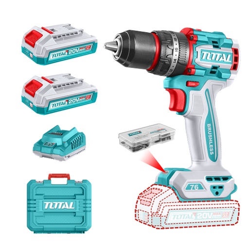 [21981] TALADRO INALAMBRICO  PERCUTOR 1/2 20V 76 N.M INCLUYE 2 BATERIA DE 2.0AH, CARGADOR,47 ACCESORIOS,3 BROCAS CONCRETO INDUSTRIAL SUPER TOTAL (UTIDLI20768)