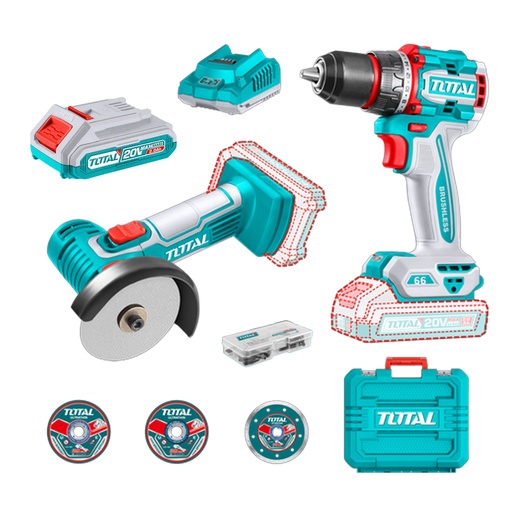 [21982] COMBO INALAMBRICO 20V X 2 PZS TALADRO 1/2  66 N.M + MINI PULIDORA 3" INCLUYE 2 BATERIAS  2.0 AH + CARGADOR  + 7 DISCOS Y 47 ACCESORIOS INDUSTRIAL SUPER TOTAL (UTCKLI20766) 