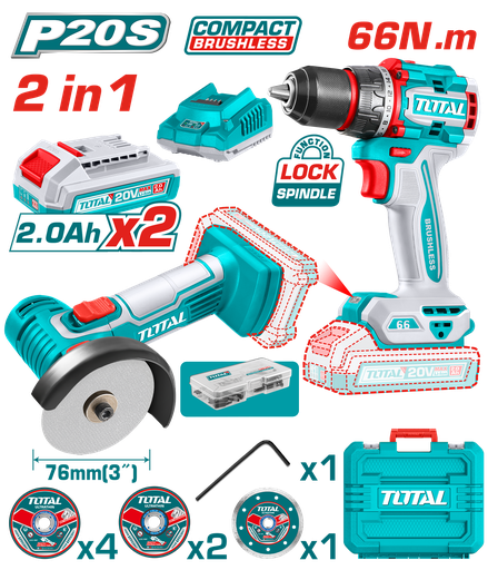 [21982] COMBO INALAMBRICO 20V X 2 PZS TALADRO 1/2  66 N.M + MINI PULIDORA 3" INCLUYE 2 BATERIAS  2.0 AH + CARGADOR  + 7 DISCOS Y 47 ACCESORIOS INDUSTRIAL SUPER TOTAL (UTCKLI20766) 