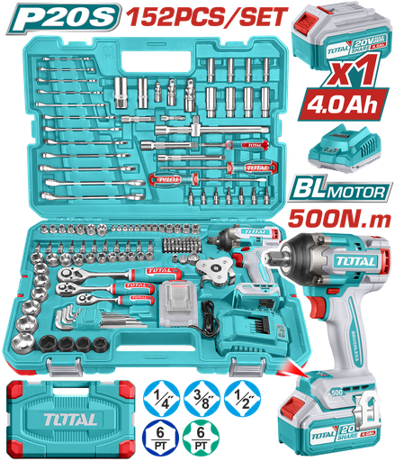 [22020] PISTOLA IMPACTO INALAMBRICO 1/2 20V 500 N.M INCLUYE 1 BATERIAS 1 CARGADOR + 152 ACCESORIOS INSDUSTRIAL SUPER TOTAL (UTHKTHP31522)