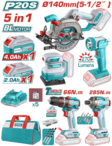 [22043] COMBO INALAMBRICO 20V  SIERRA CIRCULAR INALAMBRICA 5-1/2 + TALADRO PERCUTOR ATORNILLADOR 1/2 20V 66 NM + ATORNILLADOR DE IMPACTO 1/4" 285 NM + LIJADORA DE PALMA 4 3/8"X 4" + LINTERNA 270 LUMENES + 1 BATERIA 4.0 AH + 1 1 BATERIA 2.0 AH + CARGADOR INCLUYE ACCESORIOS INDUSTRIAL SUPER TOTAL (UTOSLI241081)