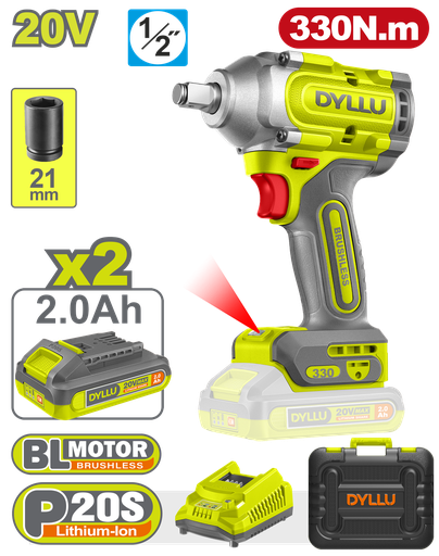 [22051] PISTOLA IMPACTO INALAMBRICA 1/2 20V 330NM INCLUYE 2 BATERIAS 2.0AH 1 CARGADOR  DYLLU (UDTCD1B33)
