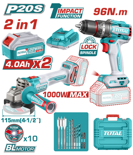 [22090] COMBO INALAMBRICO 20V TALADRO 1/2"  96NM + PULIDORA 4 1/2"  1000W INCLUYE 2 BATERIA 20V(4.0AH),CARGADOR , 10 DISCOS DE CORTE Y ACCESORIOS INDUSTRIAL TOTAL (UTOSLI241298)
