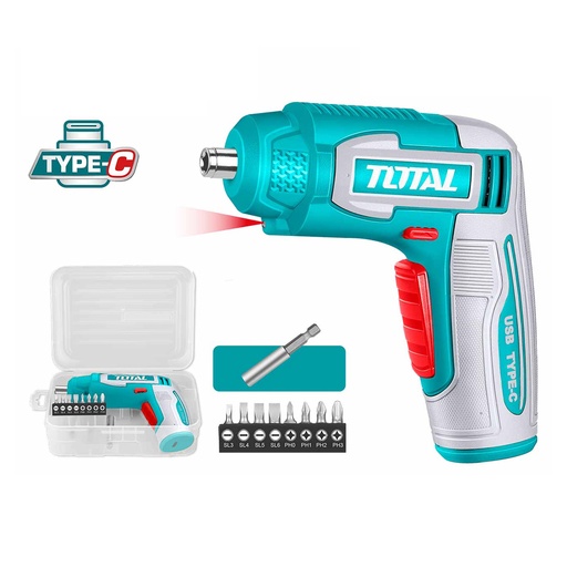 [22092] ATORNILLADOR INALAMBRICO 4V 4NM ESTUCHE PLASTICO + 8 PUNTAS TALADRO  Y CONECTOR SUPER  TOTAL (TSDLI0458)