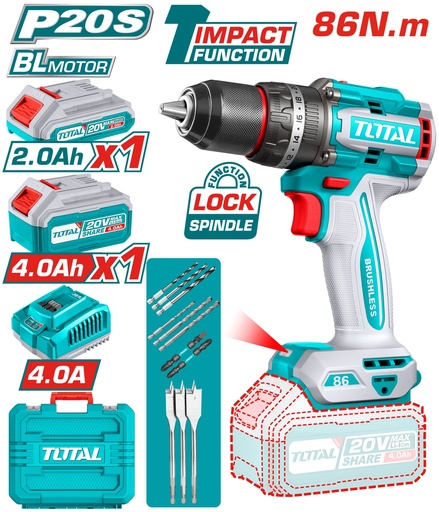 [22099] TALADRO INALAMBRICO PERCUTOR 1/2" 86N.M 20V CAJA PLASTICA INCLUYE 1 BATERIA 2.0 AH, 1 BATERIA 4,0 AH , CARGADOR Y ACCESORIOS INDUSTRIAL SUPER TOTA L (UTIDLI20868)