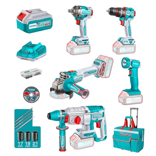 [22140] COMBO INALAMBRICO 20V TALADRO PERCUTOR ATORNILLADOR 1/2 66 NM + PISTOLA IMPACTO 1/2 20V 400 NM + TALADRO ROTOMARTILLO 1" 2.5JULES + PULIDORA 4 1/2 + LAMPARA DE TRABAJO 270LM INCLUYE 2 BATERIAS 4.0 AH , CARGADOR Y ACCESORIOS INDUSTRIAL SUPER TOTAL (UTCKLI20592)
