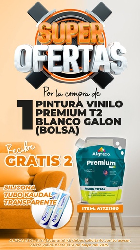 [KIT21160] KIT PINTURA VINILO PREMIUM TIPO 2 BLANCO GALON EN BOLSA (90400111) + GRATIS BN14385A SILICONA TUBO KAUDAL TRANSPARENTE USO GENERAL 280 ML (CON FUNGICIDA)