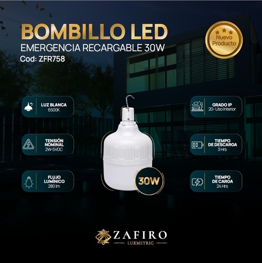 [16821A] BOMBILLO LED 30W RECARGABLE DE EMERGENCIA 6500K (ZFR759)