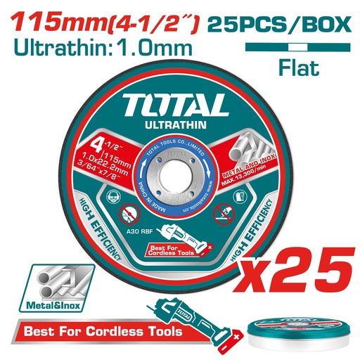 [22198] DISCO CORTE METAL/ACERO INOXIDABLE 4 1/2" JUEGO X 25 PCS TOTAL (TAC11011525)