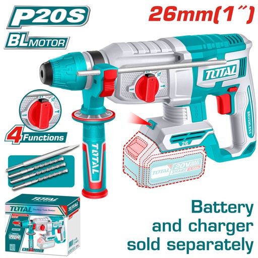 [22199] TALADRO ROTOMARTILLO 1" 20V SDS PLUS 2,5 JULES  INCLUYE 3 BROCAS Y 1 CINCEL CARGADOR Y BATERIA NO INCLUIDO INDUSTRIAL TOTAL (TRHLI20268)
