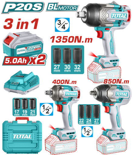 [22297] COMBO INALAMBRICO 20V PISTOLA IMPACTO 3/4 1350 NM  + PISTOLA IMPACTO 1/2 850 NM  + PISTOLA IMPACTO 1/2 400 NM INCLUYE 2 BATERIAS 5.0AH + CARGADOR + ACCESORIOS INDUSTRIAL TOTA (UTOSLI250386)