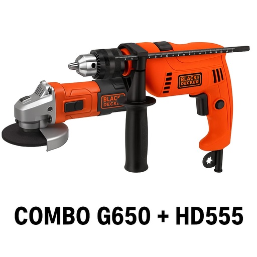 [KIT11436] COMBO BLACK & DECKER PULIDORA  4 1/2 650W (G650-B3) + TALADRO 1/2 550W PERCUTOR V.V-R (HD555-B3) 