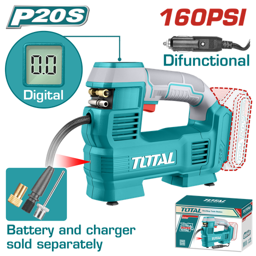 [22483] COMPRESOR MINI INALAMBRICO DIGITAL  20V 160PSI AUTOMATICO PARA CARRO BATERIA Y CARGADOR NO INCLUIDO TOTAL (TACLI2012)