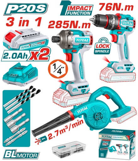 [22487] COMBO INALAMBRICO  20 V ATORNILLADOR IMPACTO 1/4" 285NM + TALADRO PERCUTOR 1/2" 76NM + SOPLADORA INCLUYE 2 BATERIAS 2.0AH, CARGADOR Y ACCESORIOS INDUSTRIAL TOTAL (UTOSLI250182)