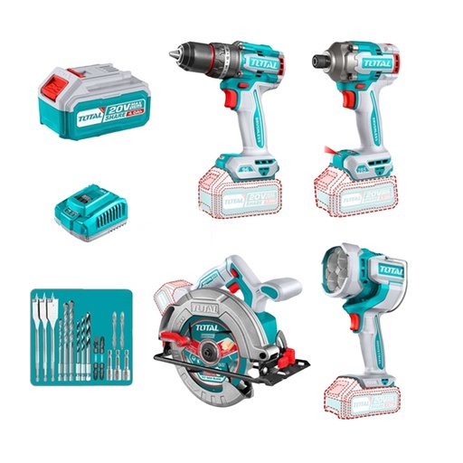 [22488] COMBO INALAMBRICO  20V   TALADRO PERCUTOR 96NM + ATORNILLADOR DE IMPACTOR 1/2" 285NM + CIERRA CIRCULAR 7-1/4" + LAMPARA DE TRABAJO 2000LM + 2 BATERIAS 4.0AH + CARGADOR  INCLUYE ACCESORIOS INDUSTRIAL TOTAL (UTOSLI241297)