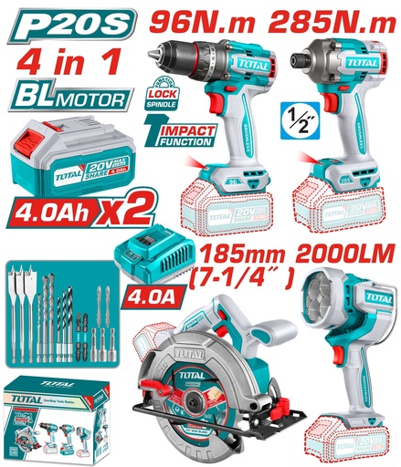 [22488] COMBO INALAMBRICO  20V   TALADRO PERCUTOR 96NM + ATORNILLADOR DE IMPACTOR 1/2" 285NM + CIERRA CIRCULAR 7-1/4" + LAMPARA DE TRABAJO 2000LM + 2 BATERIAS 4.0AH + CARGADOR  INCLUYE ACCESORIOS INDUSTRIAL TOTAL (UTOSLI241297)