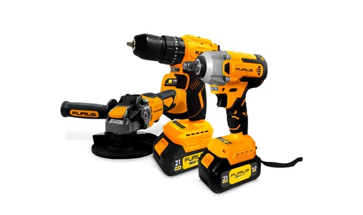 [22616] COMBO FURIUS TALADRO PERCUTOR INALAMBRICO 1/2" 21 V + PULIDORA INALAMBRICA 4 1/2" 21V +PISTOLA DE IMPACTO INALAMBRICA 1/2" 21V  (FB213KIT)