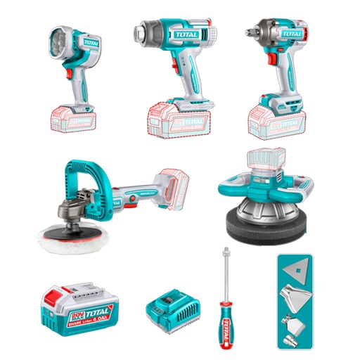 [22937] COMBO INALAMBRICO 20V  POLICHADORA  ORBITAL 10"+ POLICHADORA 7" + PISTOLA IMPACTO 1/2" 400 NM  + LAMPARA DE TRABAJO LM2000 + PISTOLA CALOR CON TEMPERATURA AJUSTABLE PANTALLA LCD +  2 BATERIAS 4.0 AH + CARGADOR 20V Y ACCESORIOS INDUSTRIAL SUPER TOTAL (UTOSLI250592)