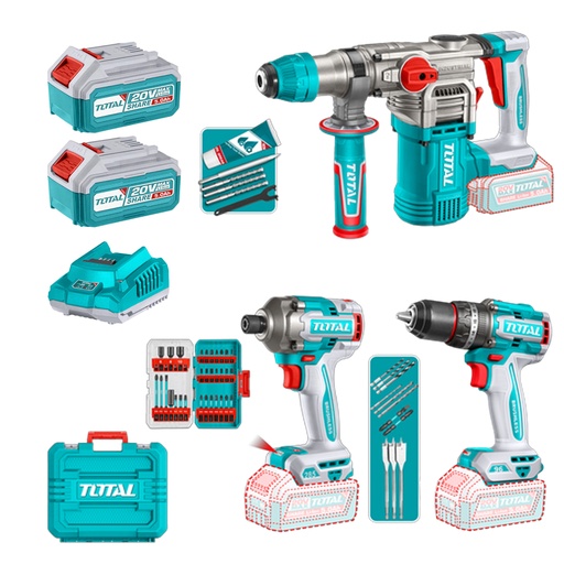 [22970] COMBO INALAMBRICO  20V  TALADRO  PERCUTOR 1/2" 66 NM  + PISTOLA DE IMPACTO 1/4" 285 NM + TALADRO ROTOMARTILLO SDS PLUS  4.5 JULES  INCLUYE 2 BATERIA 5.0AH , 1 CARGADOR Y ACCESORIOS  INDUSTRIAL  SUPER TOTAL (UTOSLI250693)
