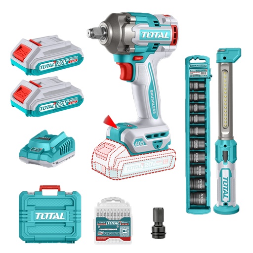 [23192] COMBO INALAMBRICO 20V PISTOLA IMPACTO INALAMBRICO 1/2 405 NM + LAMPARA DE TRABAJO 300 LUMENES RECARGABLE + 10 COPAS 1/2 (10-24MM)+ ADAPTADOR DE 1/2 A 1/4 + 2  BATERIA 2.0 AH + ACCESORIOS  Y  SUPER TOTAL (UTOSLI23056)