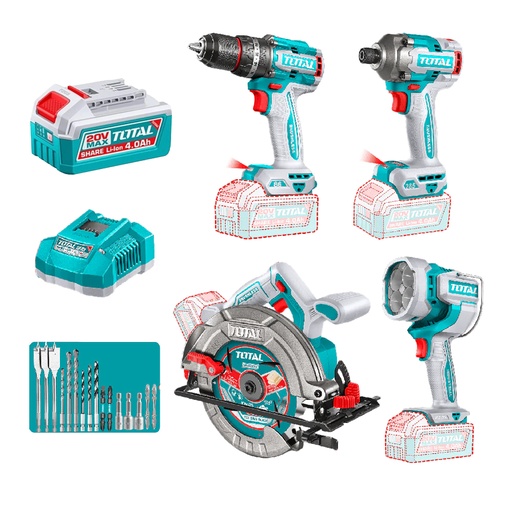 [23194] COMBO INALAMBRICO 20V TALADRO PERCUTOR 1/2" 86NM + ATORNILLADOR DE IMPACTO 1/4" 285NM + SIERRA CIRCULAR  7-1/4" + LAMPARA DE TRABAJO 2000 LUMENES + 2 BATERIAS 4.0AH + CARGADOR INCLUYE ACCESORIOS  (UTOSLI251082)