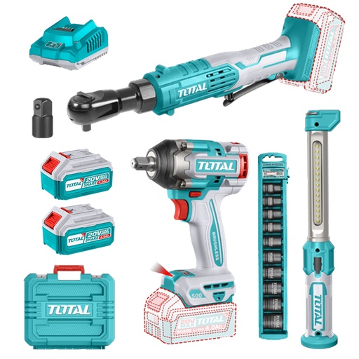 [23199] COMBO INALAMBRICO 20V  PISTOLA IMPACTO 1/2 500NM + RACHE 65NM + LAMPARA DE TRABAJO 300 LUMENES +  2 BATERIAS 4.0AH  Y CARGADOR INCLUYE ACCESORIOS INDUSTRIAL SUPER TOTAL (UTOSLI250981) 
