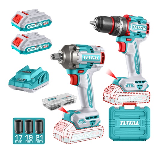 [23206] COMBO INALAMBRICO TALADRO 1/2" 66 N.M + PISTOLA IMPACTO 1/2" 20V 405 N.M  INCLUYE 2 BATERIAS 2.0AH , 1 CARGADOR Y ACCESORIOS SUPER TOTAL (UTCKLI20286)