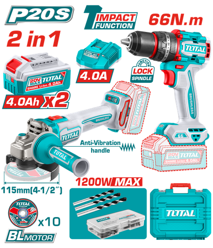 [23211] COMBO INALAMBRICO 20V PULIDORA  4 1/2 INDUSTRIAL 1000W + TALADRO PERCUTOR   1/2 66NM  + 2 BATERIAS 4.0AH + CARGADOR + ACCESORIOS CAJA PLASTICA INDUSTRIAL SUPER TOTAL (UTCKLI20256)