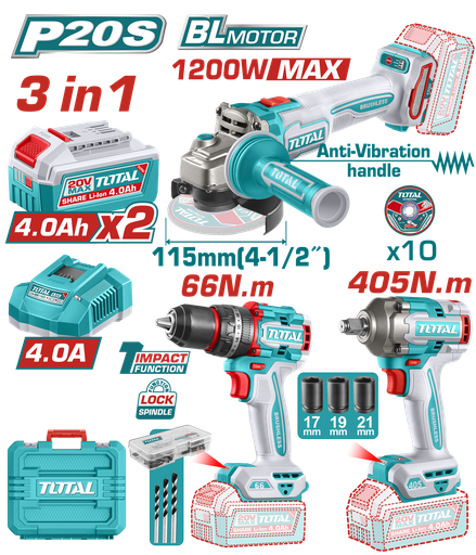 [23212] COMBO INALAMBRICO 20V PISTOLA IMPACTO INALAMBRICA 1/2" 405NM +  TALADRO DE IMPACTO 1/2" 66NM + PULIDORA  4 1/2" 1200W  + 2 BATERIAS 4.0AH + CARGADOR INCLUYE ACCESORIOS INDUSTRIAL SUPER TOTAL (UTCKLI20358)
