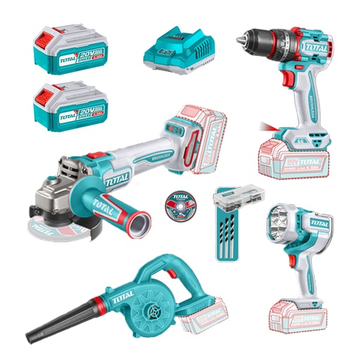 [23213] COMBO INALAMBRICO 20V TALADRO PERCUTOR ATORNILLADOR 1/2  66NM + SOPLADORA + PULIDORA  4 1/2 INDUSTRIAL 20V 1000W + LAMPARA DE TRABAJO 2000 LUMENES + 2 BATERIAS 4.0AH + CARGADOR INCLUYE ACCESORIOS INDUSTRIAL SUPER TOTAL (UTOSLI250993)