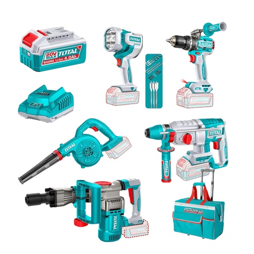 [23220] COMBO INALAMBRICO 20V TALADRO ROTOMARTILLO 1" 20V SDS PLUS 2,5 JULES +  DEMOLEDOR SDS HEX  16JULES + SOPLADORA +  TALADRO DE IMPACTO 1/2" 96NM + LAMPARA DE TRABAJO 2000 LUMENES + 2 BATERIAS 4.0AH + CARGADOR INCLUYE ACCESORIOS (UTOSLI251083)