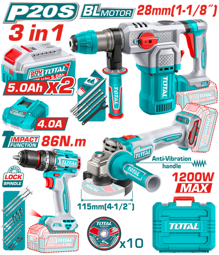 [23221] COMBO INALAMBRICO 20V TALADRO PERCUTOR  1/2" 86NM + PULIDORA 4-1/2" 1200W + TALADRO ROTOMARTILLO SDS PLUS 1-1/8"  4.5 JULES + 2 BATERIAS 5.0AH + CARGADOR 4.0AH INCLUYE ACCESORIOS INDUSTRIAL SUPER TOTAL (UTOSLI251195)