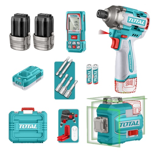 [23261] COMBO INALAMBRICO 16V  ATORNILLADOR DE IMPACTO 1/4 170NM + METRO LASER 100M + NIVEL LASER 35M LUZ VERDE +  BATERIAS 2.0AH Y CARGADOR INCLUYE ACCESORIOS INDUSTRIAL SUPER TOTAL (UTOSLI250886)