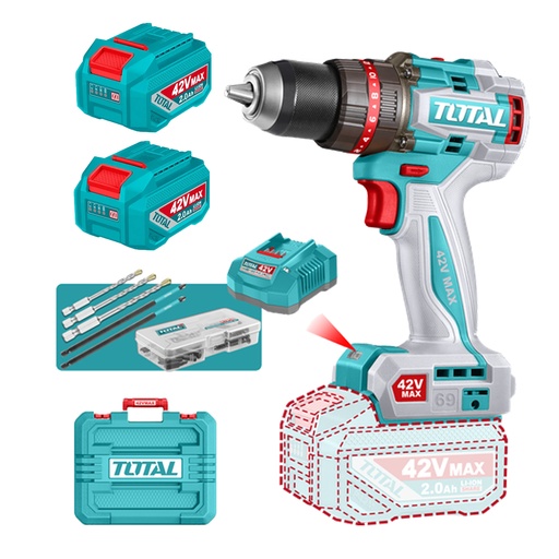 [23380] TALADRO DE IMPACTO INALAMBRICO 1/2 42V 69NM  INCLUYE 2 BATERIA DE 2.0AH, CARGADOR,47 ACCESORIOS,3 BROCAS CONCRETO y  2 PUNTAS  DESTORNILLADOR INDUSTRIAL SUPER TOTAL (UTIDLI426982)