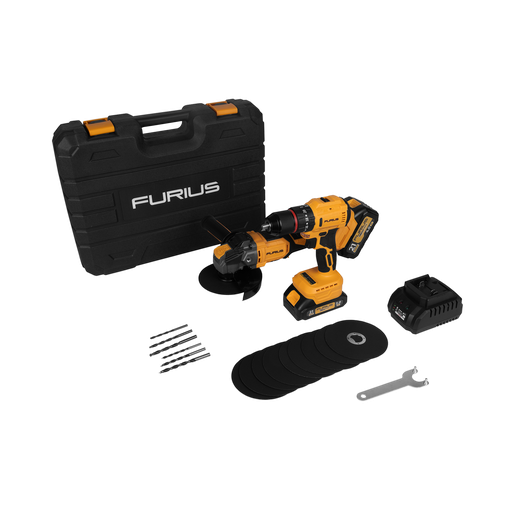 [23442] COMBO FURIUS TALADRO PERCUTOR INALAMBRICO 1/2" 21V 45NM + PULIDORA INALAMBRICA 4 1/2" 21V INCLUYE 1 BATERIA 4 A.H + 1 BATERIA 2 A.H + CARGADOR (FB212KIT)