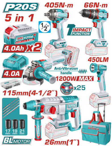 [23601] COMBO INALAMBRICO 20V TALADRO ROTOMARTILLO 1"  SDS PLUS 2,5 JULES + PISTOLA IMPACTO INALAMBRICA 1/2" 405NM +  TALADRO DE IMPACTO 1/2" 66NM + PULIDORA  4 1/2" 1200W  + LINTERNA INALAMBRICA 450 LUMENES  + 2 BATERIAS 4.0AH + CARGADOR INCLUYE ACCESORIOS INDUSTRIAL SUPER TOTAL (UTCKLI20595)